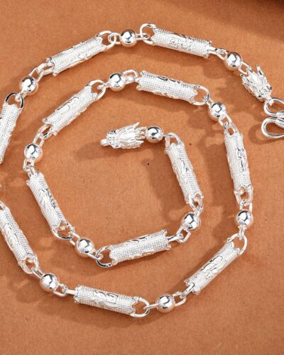 Silver Plated Dragon Head Fu Bead Chain Necklace