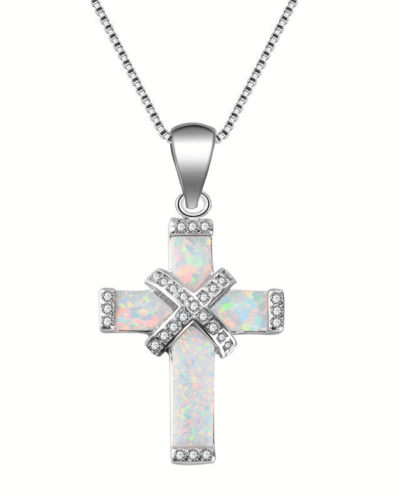 Silvery Alloy Chain Opal Cross Pendant Necklace