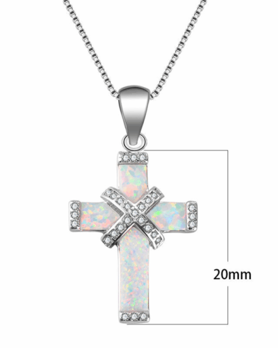 Silvery Alloy Chain Opal Cross Pendant Necklace