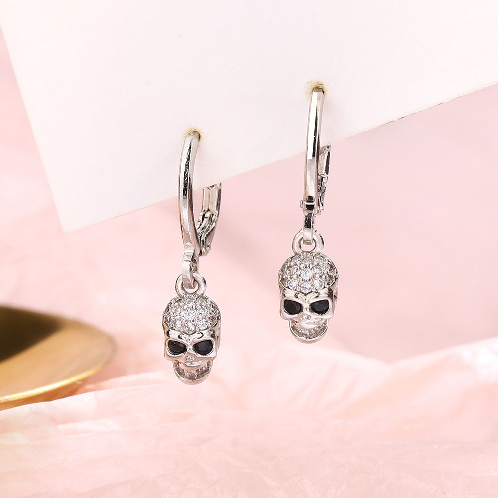 Skull Copper Hoop Earrings with Black Zircon