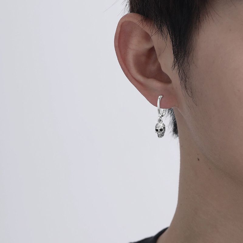 Skull Copper Hoop Earrings with Black Zircon - Görüntü 4