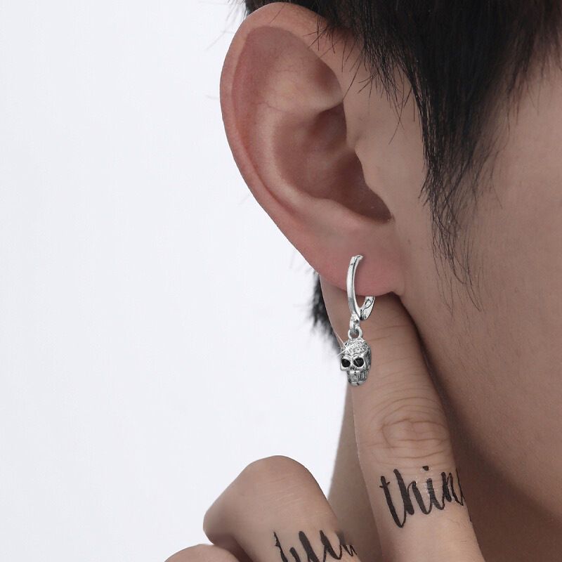 Skull Copper Hoop Earrings with Black Zircon - Görüntü 3