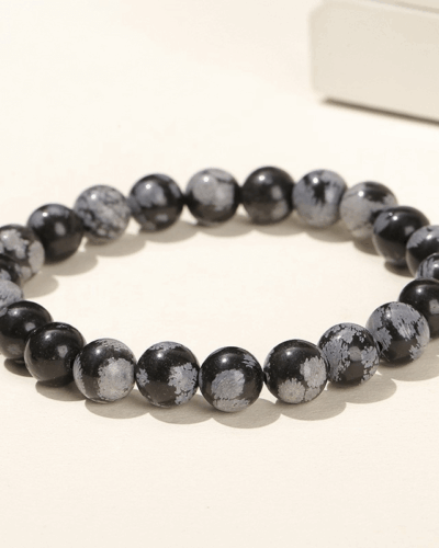 Round Bead Snowflake Obsidian Gemstone Bracelet Unisex