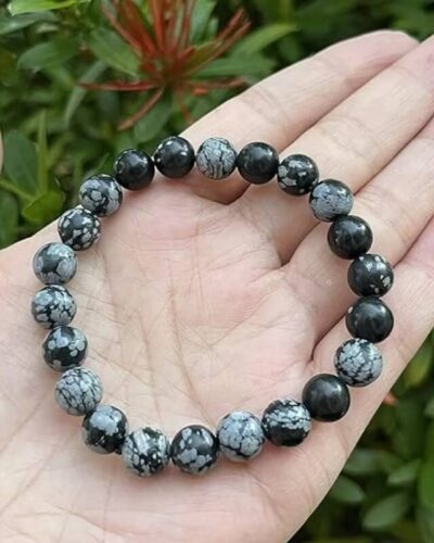 Round Bead Snowflake Obsidian Gemstone Bracelet Unisex