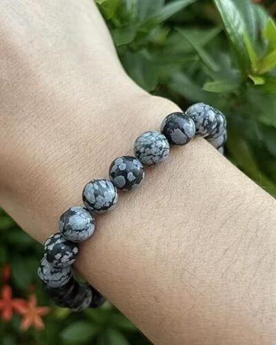Round Bead Snowflake Obsidian Gemstone Bracelet Unisex