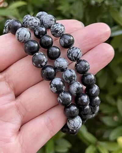 Round Bead Snowflake Obsidian Gemstone Bracelet Unisex