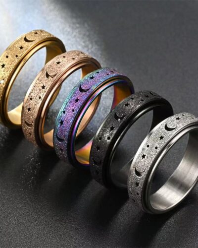 Spinning Stainless Steel Ring with Star and Moon Carved