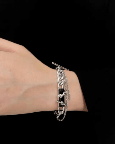 Stainless Steel Black Obsidian Bracelet Minimalist Punk Style