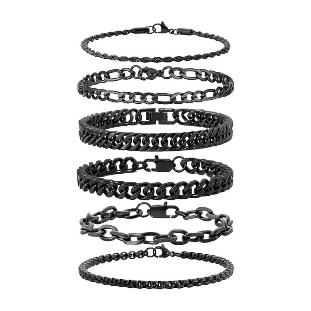 Stainless Steel Cuban Link Bracelet Chain Set BLACK