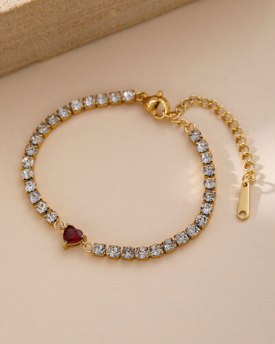 Stainless Steel Cubic Zirconia Heart Bracelet red