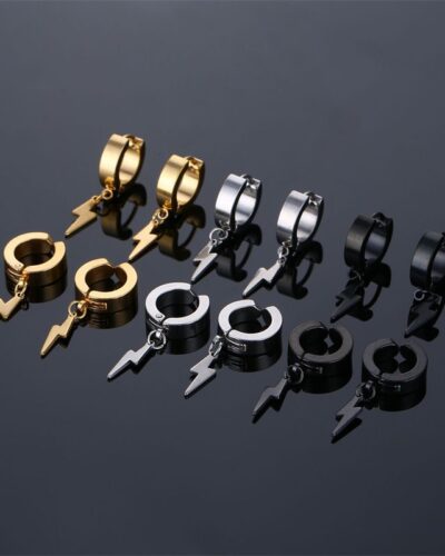 Stainless Steel Earrings Men with Lightning Pendant
