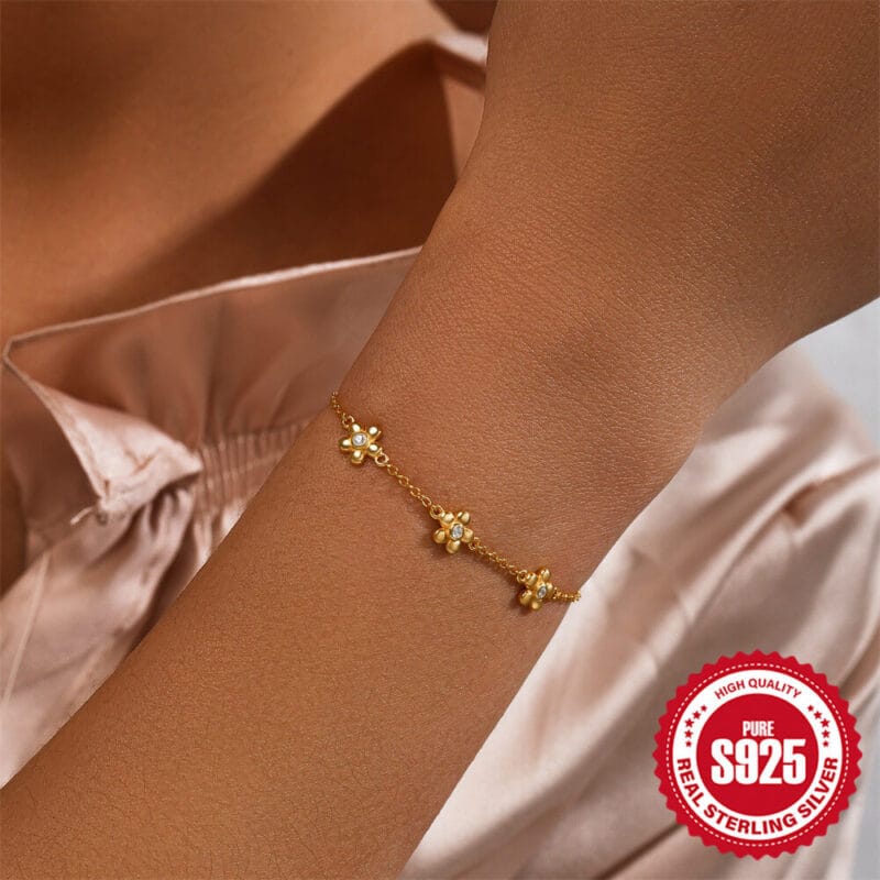 Sweet 925 Sterling Silver Daisy Bracelet 18K Gold Plated 2