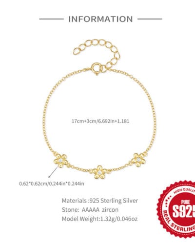 Sweet 925 Sterling Silver Daisy Bracelet 18K Gold Plated 5