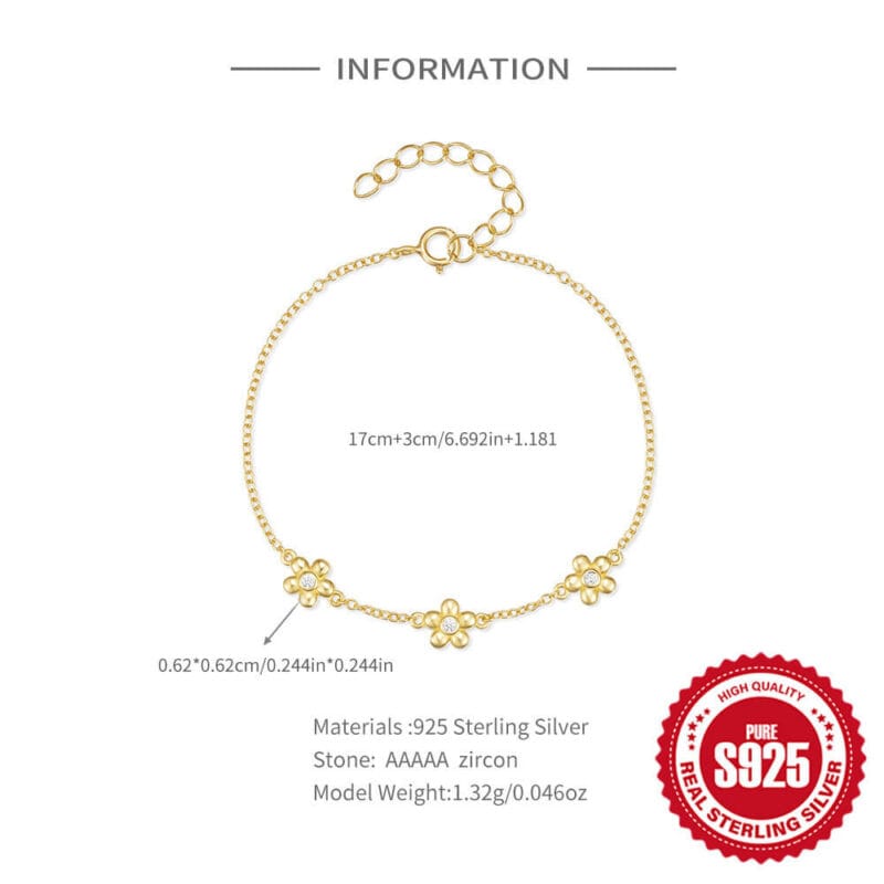Sweet 925 Sterling Silver Daisy Bracelet 18K Gold Plated 5