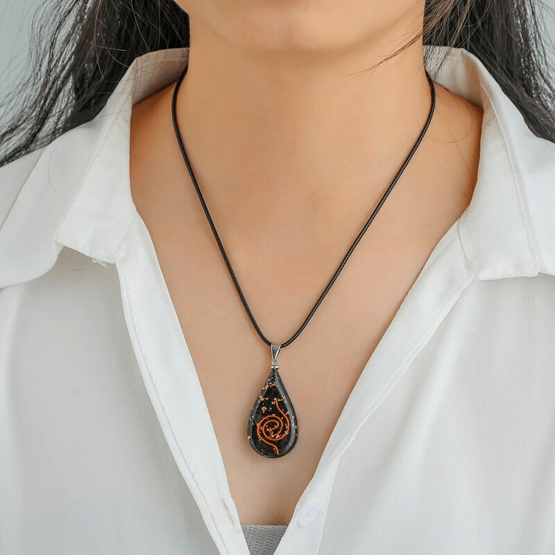 Teardrop Shape Black Tourmaline Chakra Pendant with Pattern