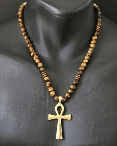 Adjustable Unisex Tiger Eye Beads Cross Pendant Necklace