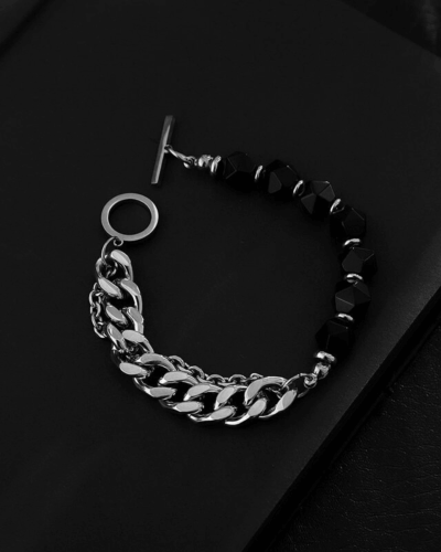 Mix-Material Stainless Steel Black Obsidian Bracelet for Men