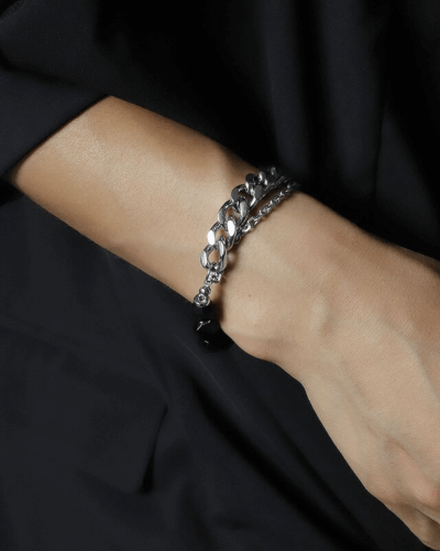 Mix-Material Stainless Steel Black Obsidian Bracelet for Men