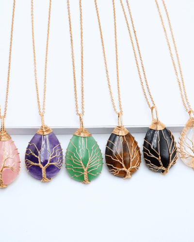 Tree of Life Teardrop Healing Crystal Pendants Metal Chain