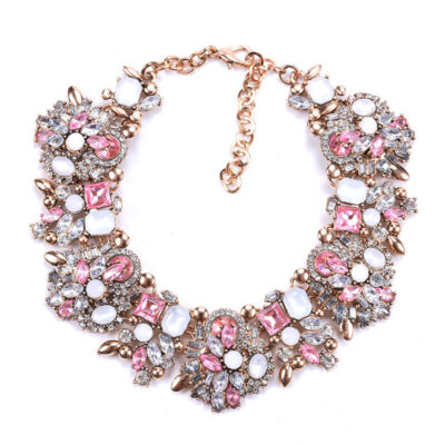 Vintage Crystal Choker Chunky Beaded Statement Necklace pink