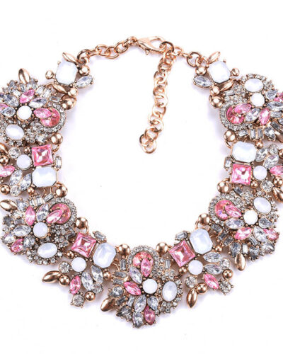Vintage Crystal Choker Chunky Beaded Statement Necklace pink