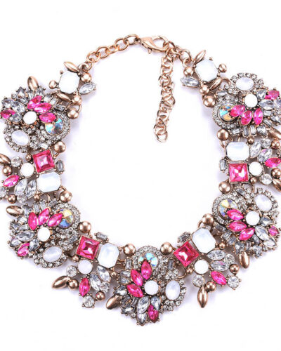 Vintage Crystal Choker Chunky Beaded Statement Necklace rose red