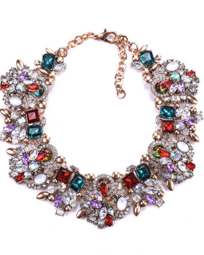 Vintage Crystal Choker Chunky Beaded Statement Necklace blue& red