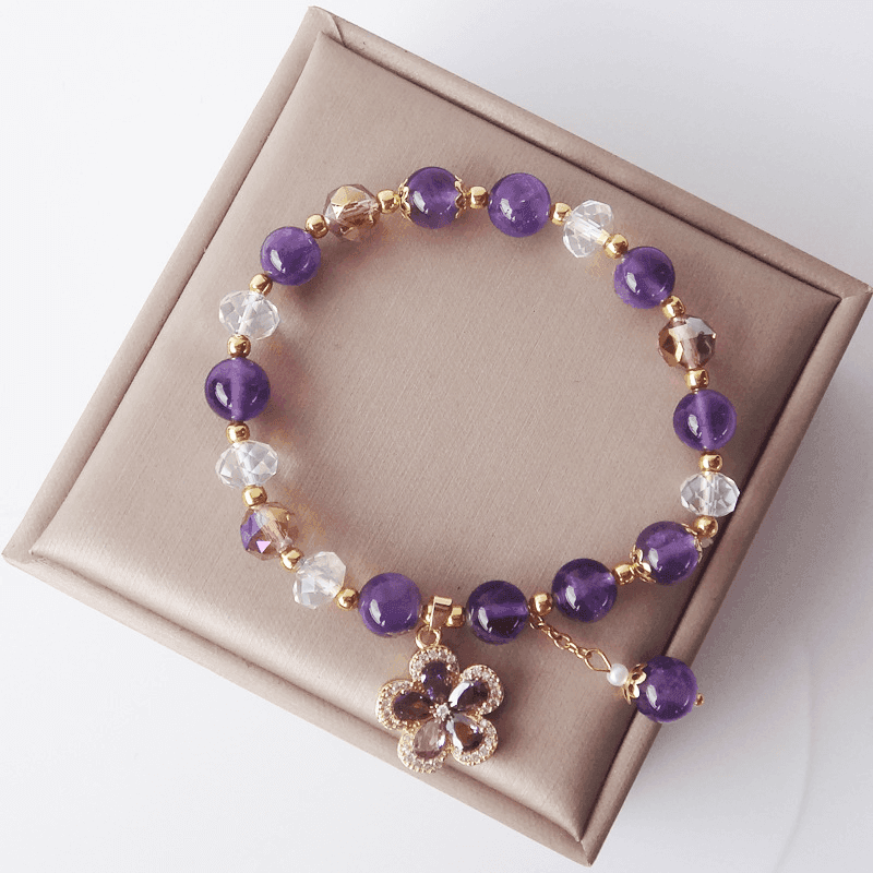 8MM Vintage Elegant Purple Crystal Bracelet Flower Pendant