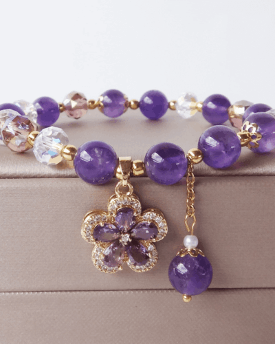 8MM Vintage Elegant Purple Crystal Bracelet Flower Pendant
