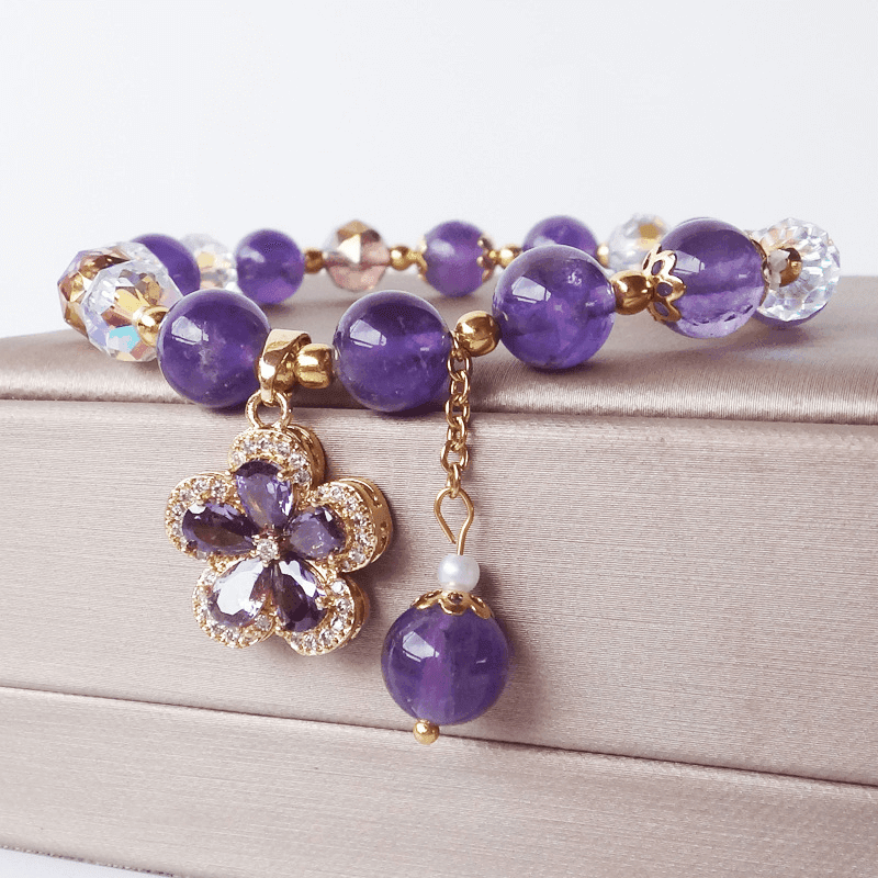 8MM Vintage Elegant Purple Crystal Bracelet Flower Pendant