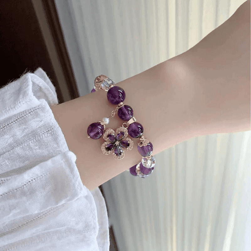 8MM Vintage Elegant Purple Crystal Bracelet Flower Pendant
