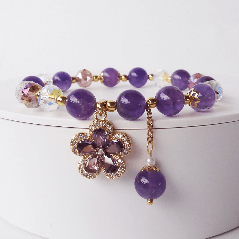 8MM Vintage Elegant Purple Crystal Bracelet Flower Pendant