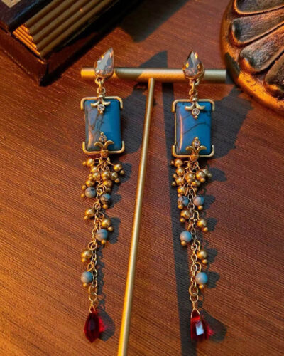 Vintage Gold Plated Tassel Earrings with Carved Stone