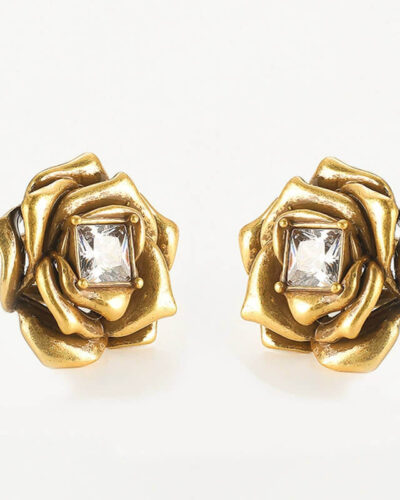 Vintage Style Gold Plated Rose Earring with Square Zirconia