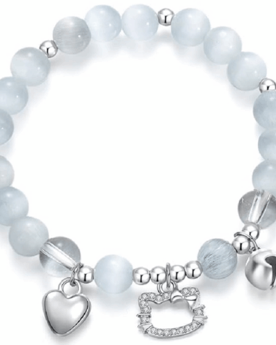 White Crystal Bracelet with Cute Cat Pendant Women
