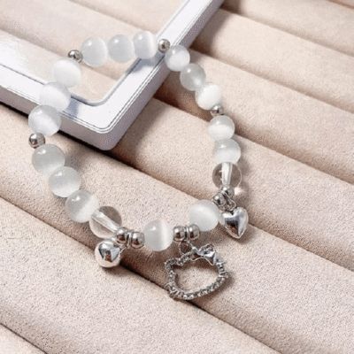 White Crystal Bracelet with Cute Cat Pendant Women