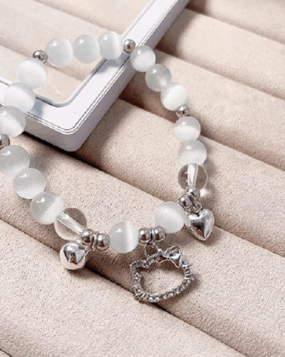 White Crystal Bracelet with Cute Cat Pendant Women