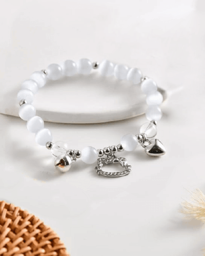 White Crystal Bracelet with Cute Cat Pendant Women