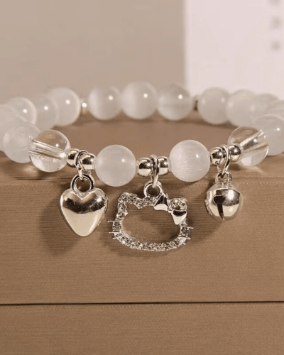 White Crystal Bracelet with Cute Cat Pendant Women