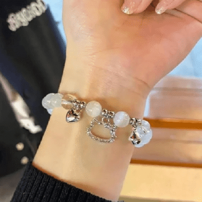 White Crystal Bracelet with Cute Cat Pendant Women