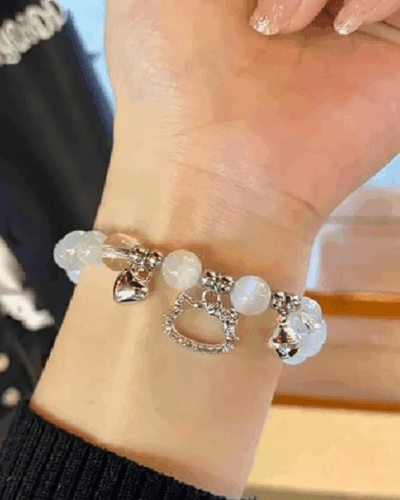 White Crystal Bracelet with Cute Cat Pendant Women