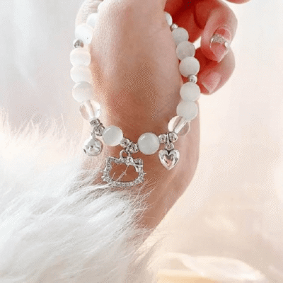 White Crystal Bracelet with Cute Cat Pendant Women