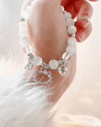 White Crystal Bracelet with Cute Cat Pendant Women