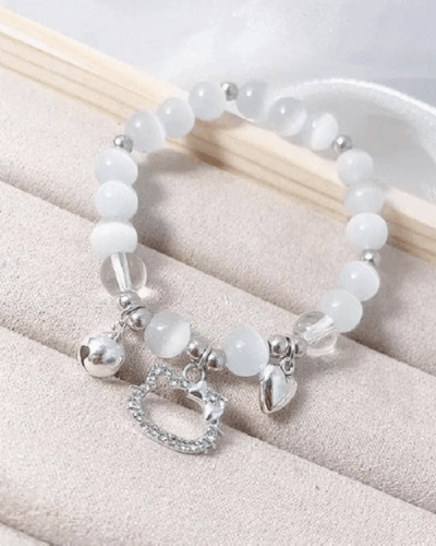 White Crystal Bracelet with Cute Cat Pendant Women