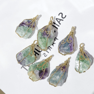Wire-Wrapped Raw Fluorite Stone Pendants Necklaces Bulk