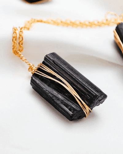 Wire-Wrapped Raw Stone Black Tourmaline Necklace Wholesale