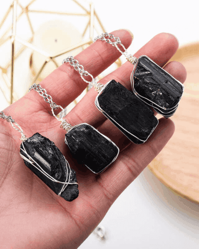Wire-Wrapped Raw Stone Black Tourmaline Necklace Wholesale