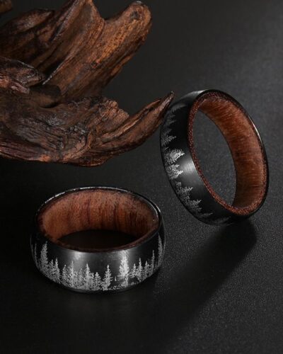 Wood Forest Carving Men Stainless Steel Ring
