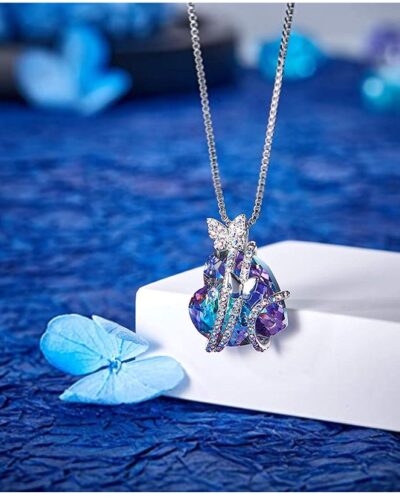 Cute Butterfly Blue Heart Necklace for Women Box Chain
