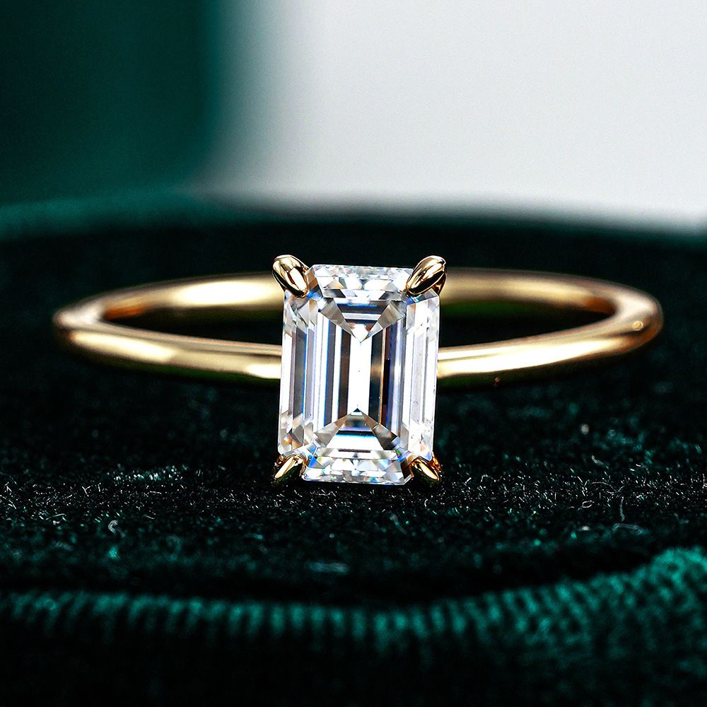 Emerald Cut Moissanite Ring with 18K Gold Plated